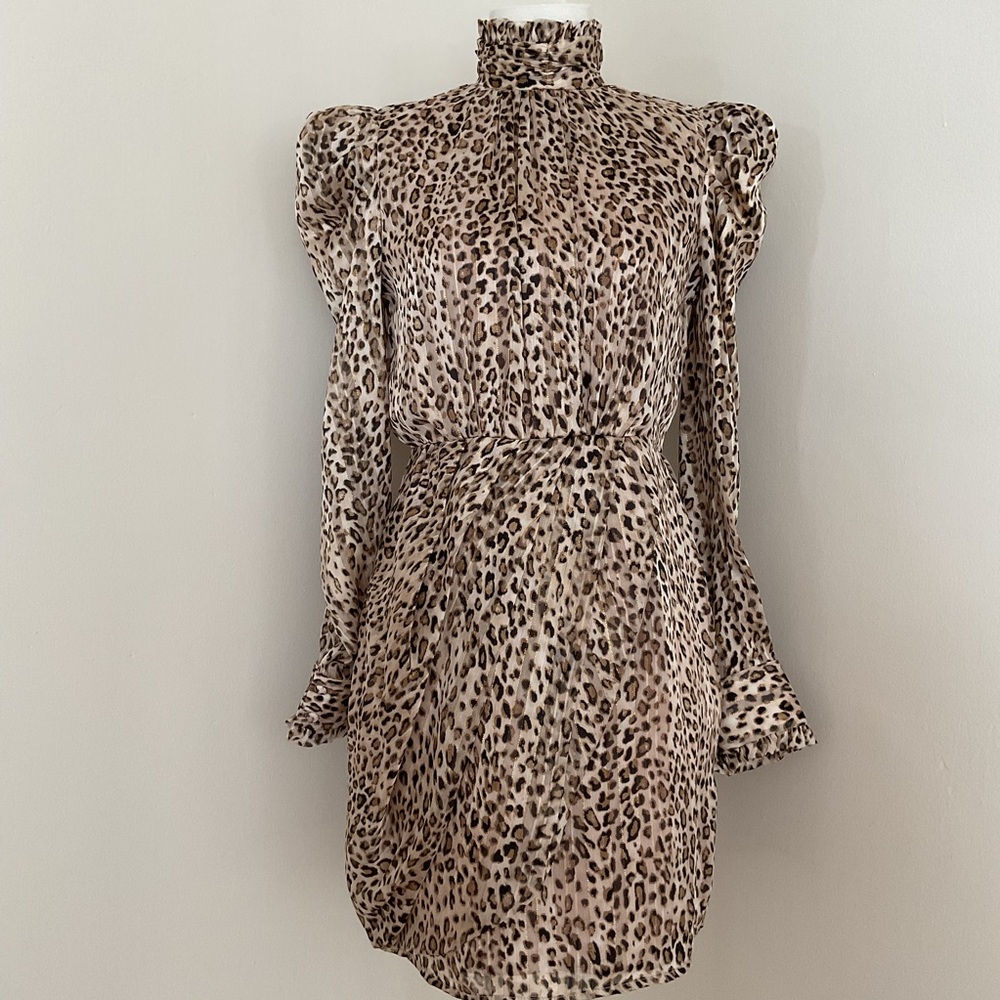 Aqua Leopard Print Puff-Sleeve Turtleneck Cocktail Dress